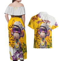 Graffiti Monkey Couples Matching Off Shoulder Maxi Dress and Hawaiian Shirt with Hip Hop Sunglasses and Gold Chain Design - Wonder Print Shop