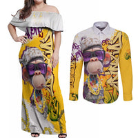 Graffiti Monkey Couples Matching Off Shoulder Maxi Dress and Long Sleeve Button Shirt with Hip Hop Sunglasses and Gold Chain Design - Wonder Print Shop