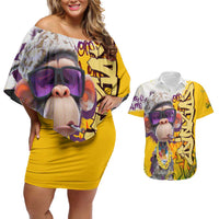 Graffiti Monkey Couples Matching Off Shoulder Short Dress and Hawaiian Shirt with Hip Hop Sunglasses and Gold Chain Design - Wonder Print Shop