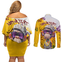 Graffiti Monkey Couples Matching Off Shoulder Short Dress and Long Sleeve Button Shirt with Hip Hop Sunglasses and Gold Chain Design - Wonder Print Shop