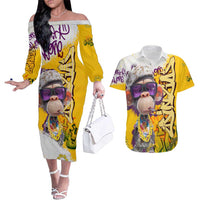 Graffiti Monkey Couples Matching Off The Shoulder Long Sleeve Dress and Hawaiian Shirt with Hip Hop Sunglasses and Gold Chain Design - Wonder Print Shop
