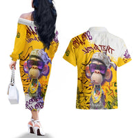 Graffiti Monkey Couples Matching Off The Shoulder Long Sleeve Dress and Hawaiian Shirt with Hip Hop Sunglasses and Gold Chain Design - Wonder Print Shop