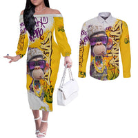 Graffiti Monkey Couples Matching Off The Shoulder Long Sleeve Dress and Long Sleeve Button Shirt with Hip Hop Sunglasses and Gold Chain Design - Wonder Print Shop