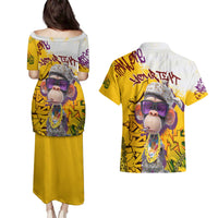 Graffiti Monkey Couples Matching Puletasi and Hawaiian Shirt with Hip Hop Sunglasses and Gold Chain Design - Wonder Print Shop