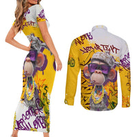Graffiti Monkey Couples Matching Short Sleeve Bodycon Dress and Long Sleeve Button Shirt with Hip Hop Sunglasses and Gold Chain Design - Wonder Print Shop