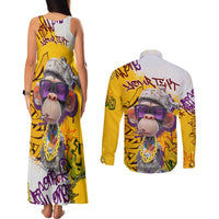 Graffiti Monkey Couples Matching Tank Maxi Dress and Long Sleeve Button Shirt with Hip Hop Sunglasses and Gold Chain Design - Wonder Print Shop
