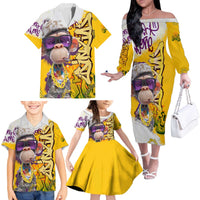 Graffiti Monkey Family Matching Off The Shoulder Long Sleeve Dress and Hawaiian Shirt with Hip Hop Sunglasses and Gold Chain Design - Wonder Print Shop