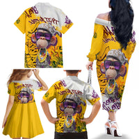 Graffiti Monkey Family Matching Off The Shoulder Long Sleeve Dress and Hawaiian Shirt with Hip Hop Sunglasses and Gold Chain Design - Wonder Print Shop