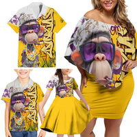 Graffiti Monkey Family Matching Off Shoulder Short Dress and Hawaiian Shirt with Hip Hop Sunglasses and Gold Chain Design - Wonder Print Shop