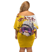 Graffiti Monkey Off Shoulder Short Dress with Hip Hop Sunglasses and Gold Chain Design - Wonder Print Shop