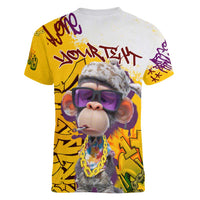 Graffiti Monkey Women V-Neck T-Shirt with Hip Hop Sunglasses and Gold Chain Design - Wonder Print Shop
