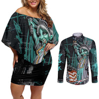 Street Art Liberty Couples Matching Off Shoulder Short Dress and Long Sleeve Button Shirt with Graffiti Print and Cartoon Statue of Liberty - Wonder Print Shop