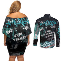 Street Art Liberty Couples Matching Off Shoulder Short Dress and Long Sleeve Button Shirt with Graffiti Print and Cartoon Statue of Liberty - Wonder Print Shop