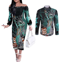 Street Art Liberty Couples Matching Off The Shoulder Long Sleeve Dress and Long Sleeve Button Shirt with Graffiti Print and Cartoon Statue of Liberty - Wonder Print Shop