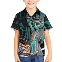 Street Art Liberty Family Matching Off The Shoulder Long Sleeve Dress and Hawaiian Shirt with Graffiti Print and Cartoon Statue of Liberty - Wonder Print Shop