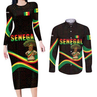 Senegal Tribal Pattern Couples Matching Long Sleeve Bodycon Dress and Long Sleeve Button Shirt Baobab Character and Red Yellow Green Flag Theme Design - Wonder Print Shop