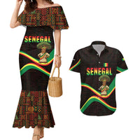 Senegal Tribal Pattern Couples Matching Mermaid Dress and Hawaiian Shirt Baobab Character and Red Yellow Green Flag Theme Design - Wonder Print Shop