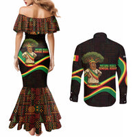 Senegal Tribal Pattern Couples Matching Mermaid Dress and Long Sleeve Button Shirt Baobab Character and Red Yellow Green Flag Theme Design - Wonder Print Shop