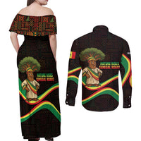 Senegal Tribal Pattern Couples Matching Off Shoulder Maxi Dress and Long Sleeve Button Shirt Baobab Character and Red Yellow Green Flag Theme Design - Wonder Print Shop