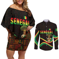 Senegal Tribal Pattern Couples Matching Off Shoulder Short Dress and Long Sleeve Button Shirt Baobab Character and Red Yellow Green Flag Theme Design - Wonder Print Shop