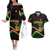 Senegal Tribal Pattern Couples Matching Off The Shoulder Long Sleeve Dress and Hawaiian Shirt Baobab Character and Red Yellow Green Flag Theme Design - Wonder Print Shop