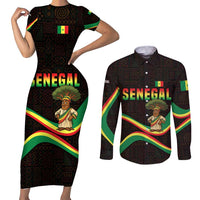 Senegal Tribal Pattern Couples Matching Short Sleeve Bodycon Dress and Long Sleeve Button Shirt Baobab Character and Red Yellow Green Flag Theme Design - Wonder Print Shop