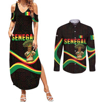 Senegal Tribal Pattern Couples Matching Summer Maxi Dress and Long Sleeve Button Shirt Baobab Character and Red Yellow Green Flag Theme Design - Wonder Print Shop