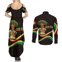 Senegal Tribal Pattern Couples Matching Summer Maxi Dress and Long Sleeve Button Shirt Baobab Character and Red Yellow Green Flag Theme Design - Wonder Print Shop