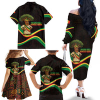 Senegal Tribal Pattern Family Matching Off The Shoulder Long Sleeve Dress and Hawaiian Shirt Baobab Character and Red Yellow Green Flag Theme Design - Wonder Print Shop