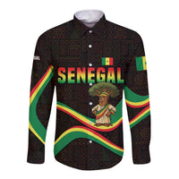 Senegal Tribal Pattern Long Sleeve Button Shirt Baobab Character and Red Yellow Green Flag Theme Design - Wonder Print Shop