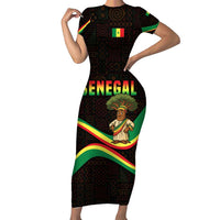 Senegal Tribal Pattern Short Sleeve Bodycon Dress Baobab Character and Red Yellow Green Flag Theme Design - Wonder Print Shop