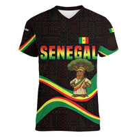 Senegal Tribal Pattern Women V-Neck T-Shirt Baobab Character and Red Yellow Green Flag Theme Design - Wonder Print Shop