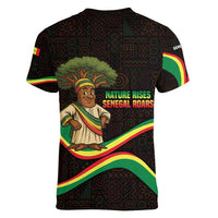 Senegal Tribal Pattern Women V-Neck T-Shirt Baobab Character and Red Yellow Green Flag Theme Design - Wonder Print Shop