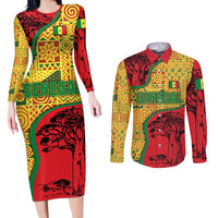 Senegal Couples Matching Long Sleeve Bodycon Dress and Long Sleeve Button Shirt with Baobab Tree and African Tribal Pattern Design - Wonder Print Shop