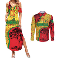 Senegal Couples Matching Summer Maxi Dress and Long Sleeve Button Shirt with Baobab Tree and African Tribal Pattern Design - Wonder Print Shop