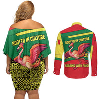 Senegal Couples Matching Off Shoulder Short Dress and Long Sleeve Button Shirt with Flamingo Design and Rooted in Culture Slogan - Wonder Print Shop
