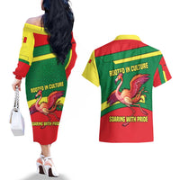 Senegal Couples Matching Off The Shoulder Long Sleeve Dress and Hawaiian Shirt with Flamingo Design and Rooted in Culture Slogan - Wonder Print Shop