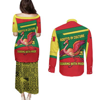 Senegal Couples Matching Puletasi and Long Sleeve Button Shirt with Flamingo Design and Rooted in Culture Slogan - Wonder Print Shop