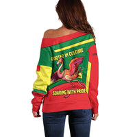 Senegal Off Shoulder Sweater with Flamingo Design and Rooted in Culture Slogan - Wonder Print Shop