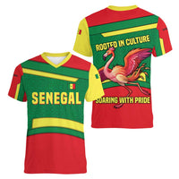 Senegal Women V-Neck T-Shirt with Flamingo Design and Rooted in Culture Slogan - Wonder Print Shop