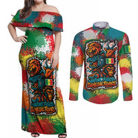 Senegal Couples Matching Off Shoulder Maxi Dress and Long Sleeve Button Shirt with Colorful Wildlife Graffiti and Nature Rises Roars Design - Wonder Print Shop