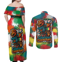 Senegal Couples Matching Off Shoulder Maxi Dress and Long Sleeve Button Shirt with Colorful Wildlife Graffiti and Nature Rises Roars Design - Wonder Print Shop