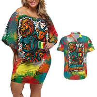 Senegal Couples Matching Off Shoulder Short Dress and Hawaiian Shirt with Colorful Wildlife Graffiti and Nature Rises Roars Design - Wonder Print Shop