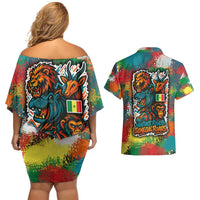Senegal Couples Matching Off Shoulder Short Dress and Hawaiian Shirt with Colorful Wildlife Graffiti and Nature Rises Roars Design - Wonder Print Shop
