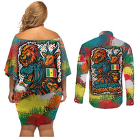 Senegal Couples Matching Off Shoulder Short Dress and Long Sleeve Button Shirt with Colorful Wildlife Graffiti and Nature Rises Roars Design - Wonder Print Shop