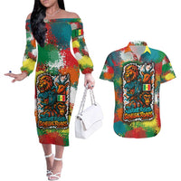 Senegal Couples Matching Off The Shoulder Long Sleeve Dress and Hawaiian Shirt with Colorful Wildlife Graffiti and Nature Rises Roars Design - Wonder Print Shop