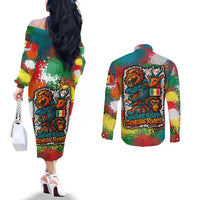 Senegal Couples Matching Off The Shoulder Long Sleeve Dress and Long Sleeve Button Shirt with Colorful Wildlife Graffiti and Nature Rises Roars Design - Wonder Print Shop