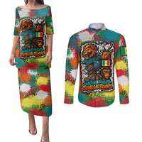Senegal Couples Matching Puletasi and Long Sleeve Button Shirt with Colorful Wildlife Graffiti and Nature Rises Roars Design - Wonder Print Shop