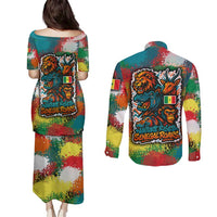 Senegal Couples Matching Puletasi and Long Sleeve Button Shirt with Colorful Wildlife Graffiti and Nature Rises Roars Design - Wonder Print Shop