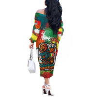 Senegal Off The Shoulder Long Sleeve Dress with Colorful Wildlife Graffiti and Nature Rises Roars Design - Wonder Print Shop